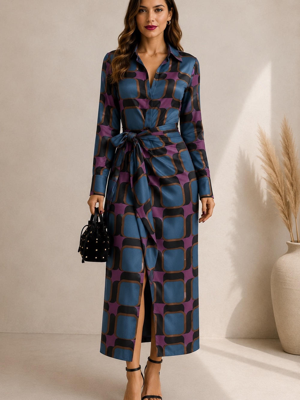 Zara Blue & Purple Geometric Long Sleeve Wrap Maxi Dress